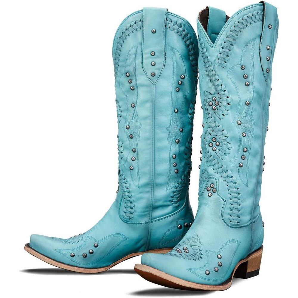Women's Blue Knee High Western Cowgirl Boots Pointed Toe Chunky Heel Pull On
